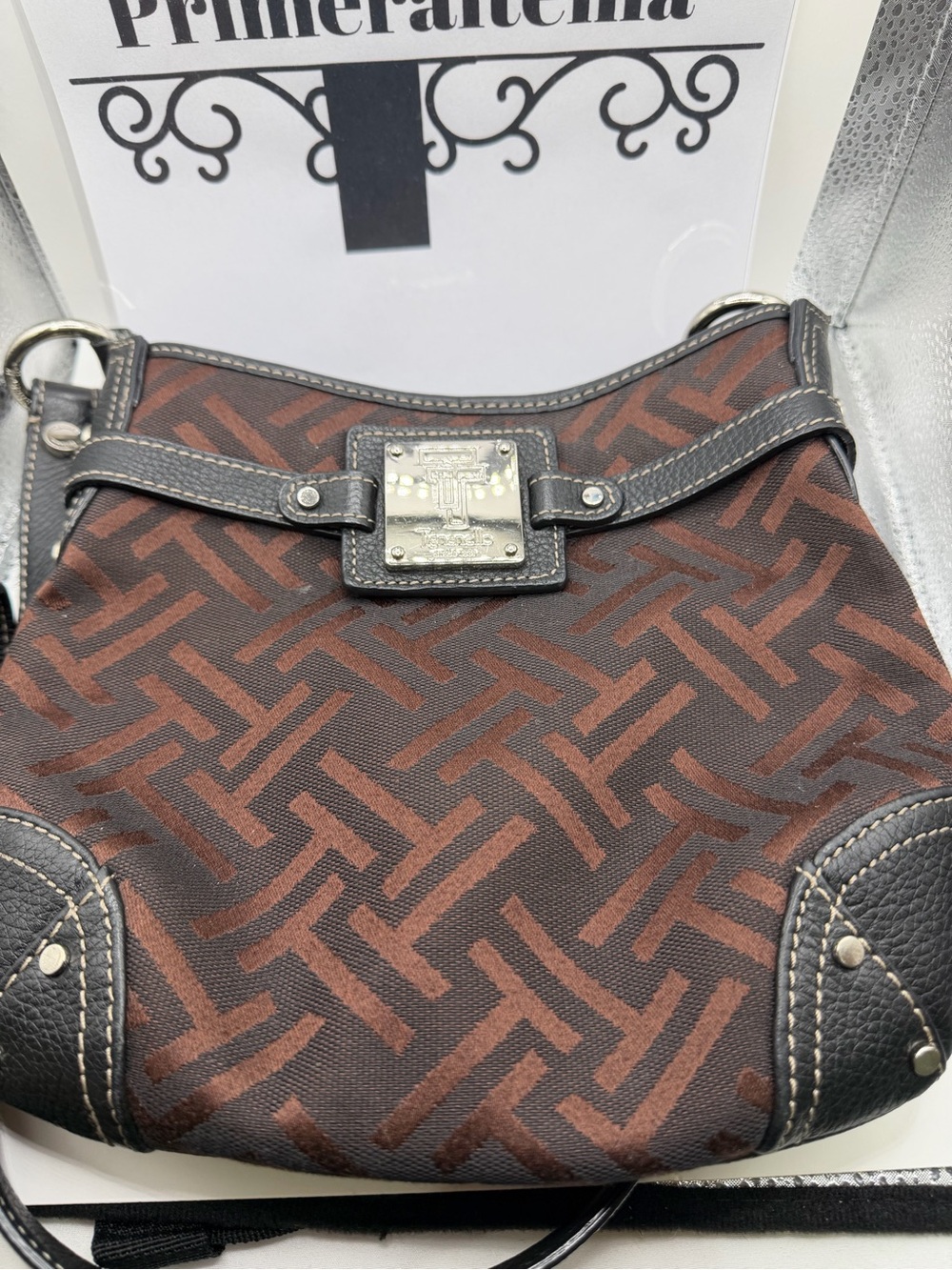 Tignanello Brown Patterned Shoulder Bag with Black Trim